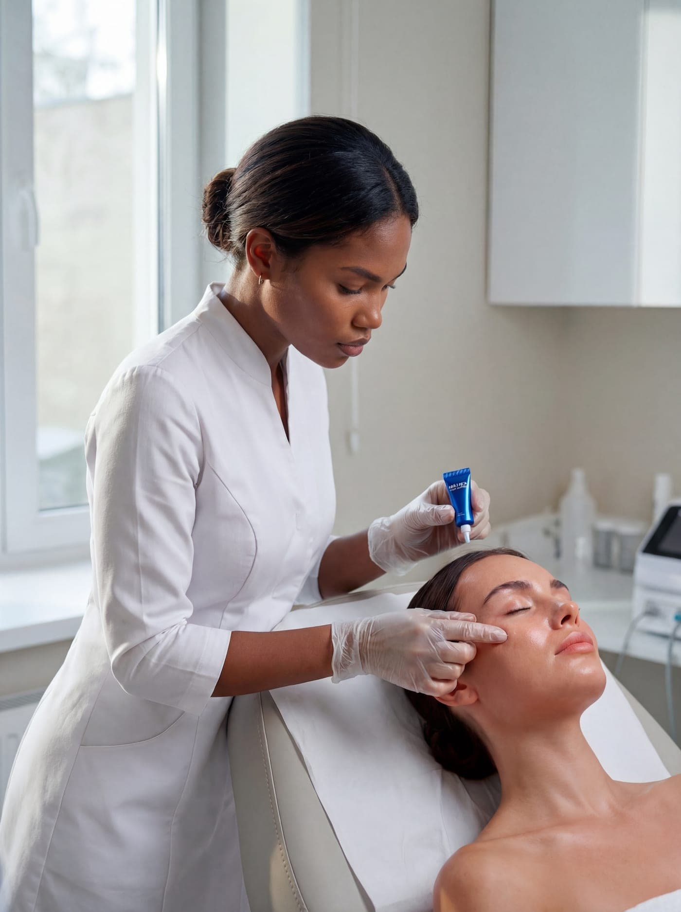 Profissional aplicando NanoSkinBio MED na região periorbital da paciente